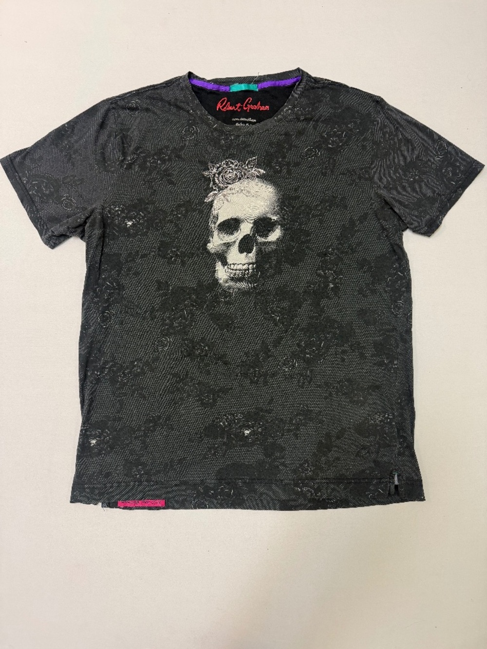 Robert Graham Black Floral Skull Graphic T-Shirt 100% Cotton Men’s